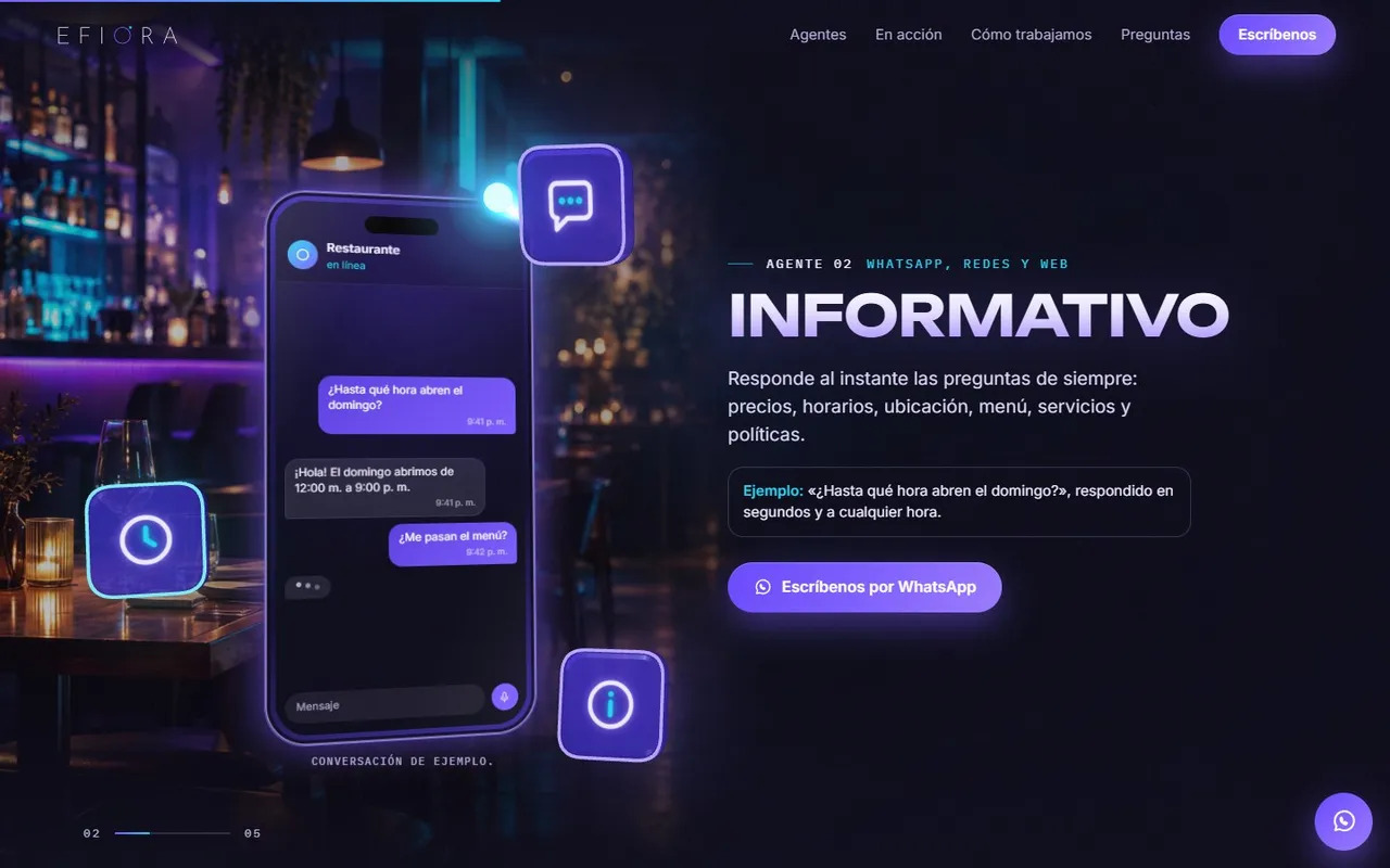 Los agentes de la versión anterior de efioraagency.com: una escena y un chat por cada agente.