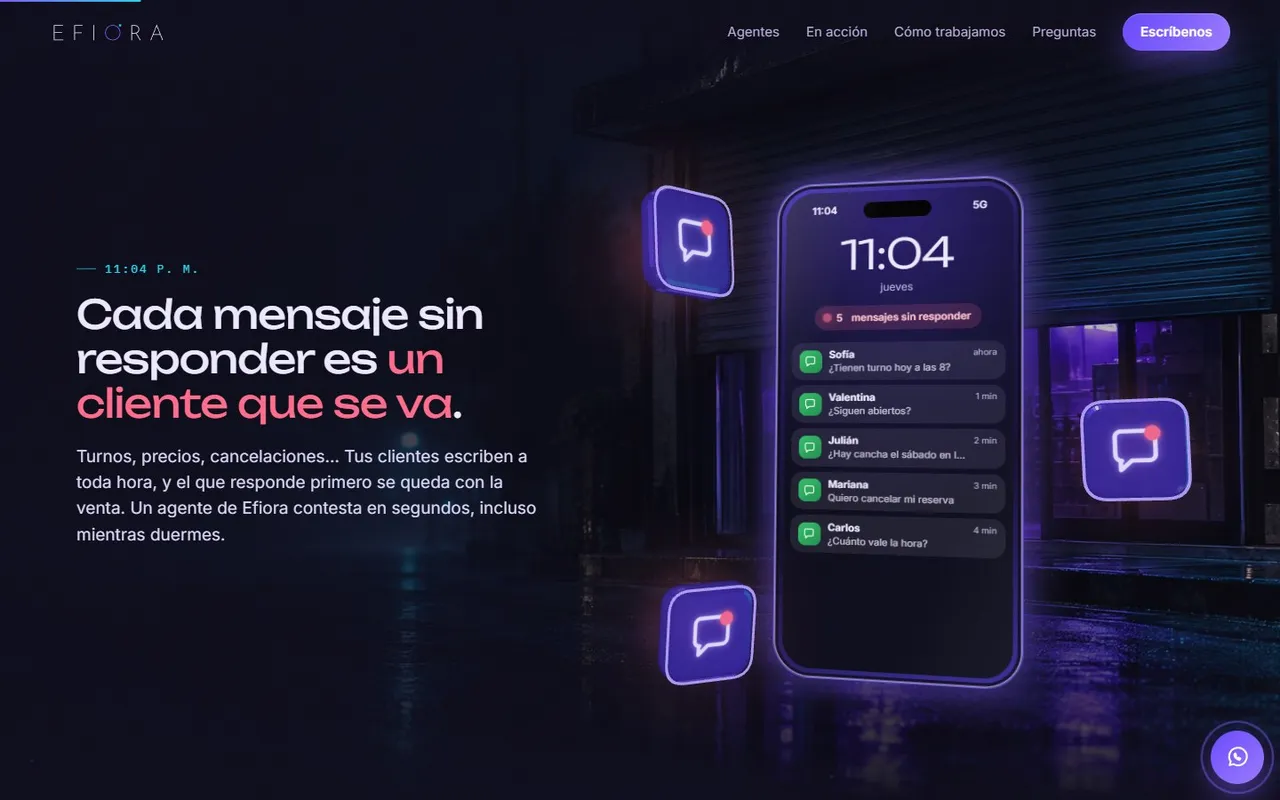 La escena de la versión anterior de efioraagency.com: un celular aparece en una calle de noche.